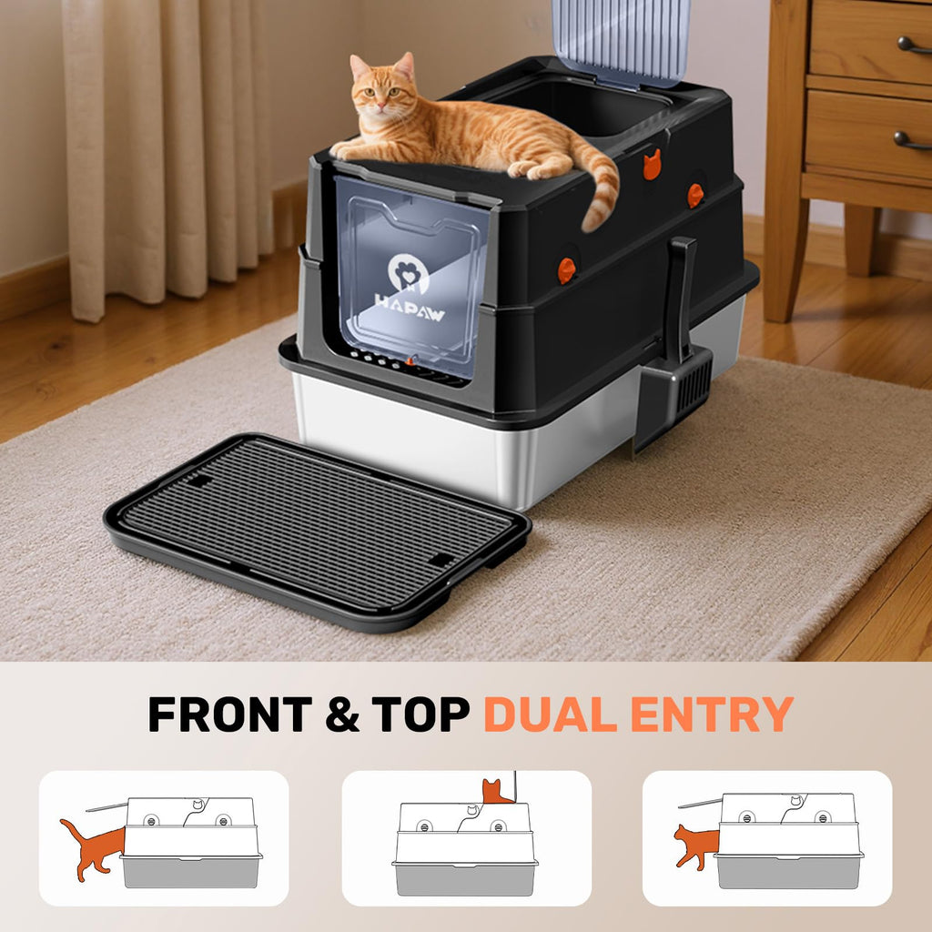HAPAW Stainless Steel Litter Box with Lid, Anti-Leakage Enclosed Metal Litter Box, Flip-Top Extra Large Kitty Litter Pan with Scoop & Pedal, Odor Free, Front & Top Dual Entry, Black