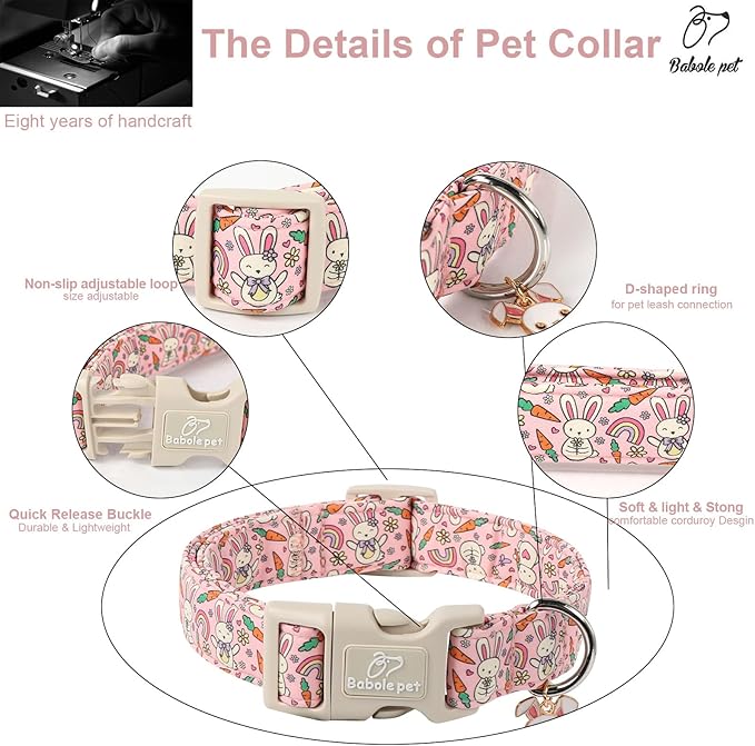 Easter Dog Collar for Small Dogs - Pink Girly Bunny Dog Collars, Cute Girl Dogs Easter Collar, Adjustable Female Spring Holiday Pet Collars with Quick Release Buckle S