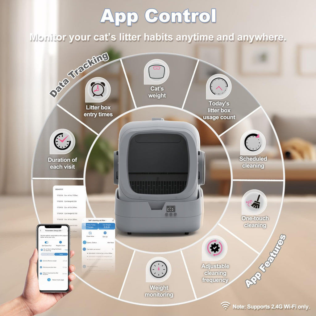 UPFAS Automatic Cat Litter Box Self Cleaning - APP Control - Weight Monitoring - Ultra-Quiet, Medium Cats and Kittens Litter Box, Safe Anti-Pinch【Assembly Required】- Grey