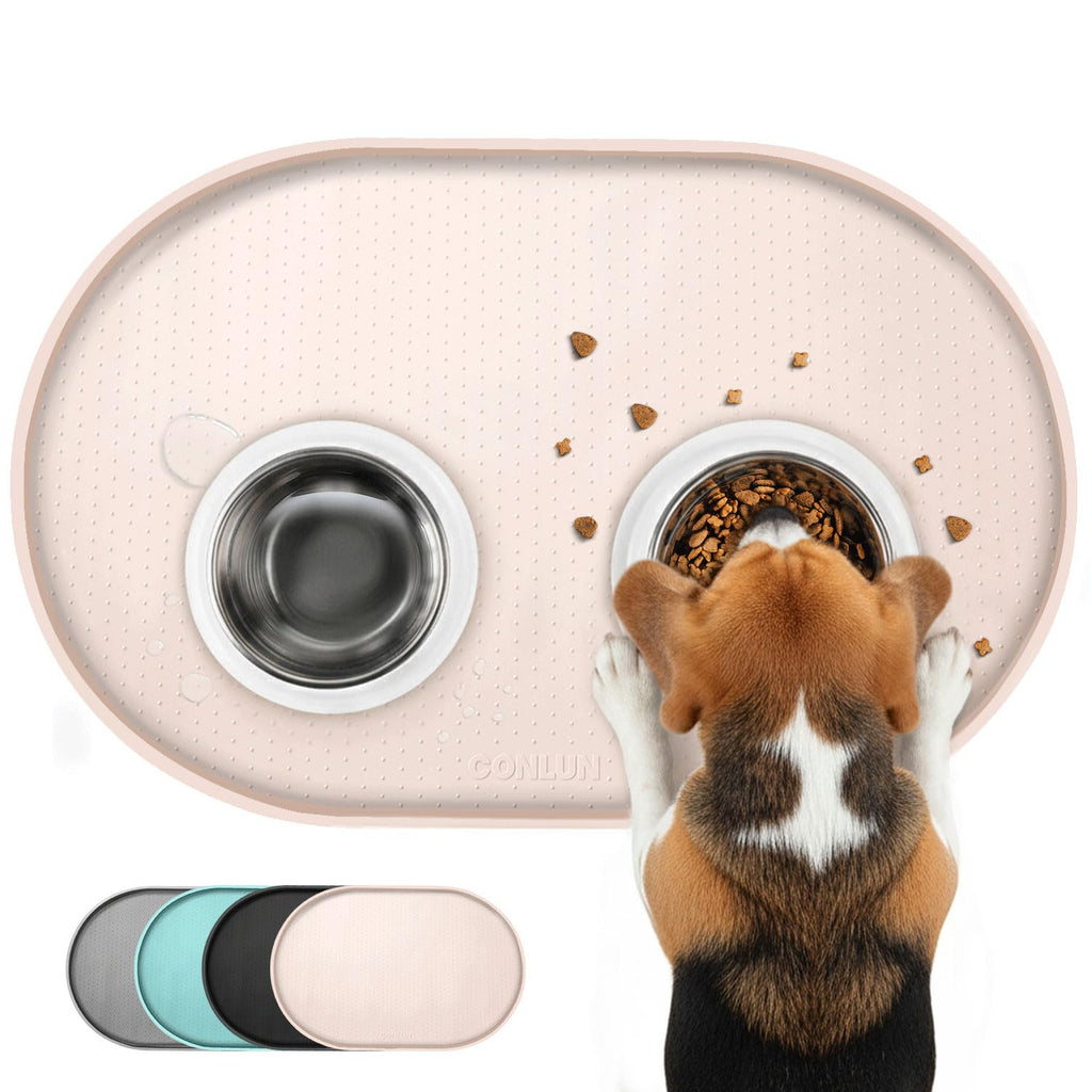 Silicone Dog Food Mat with Side Pocket & Hook Hole, Soft Raised Edges, Easy Clean Waterproof Non-Slip Pet Feeding Mat for Cats and Dogs Water Bowl, Pets Accessories(24"x16",Natural Tan)