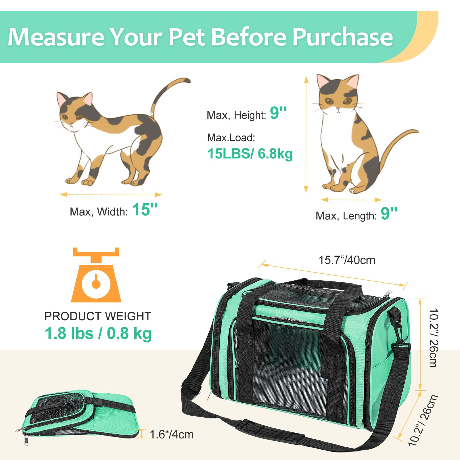 Discala Cat Dog Carrier Up to 15 Lbs TSA Airline Approved Pet Carrier for Small Medium Cats Puppies Dog Carriers for Small Dogs Collapsible Soft Sided Cat Travel Carrier - Green 15.7"x10.2"x10.2"