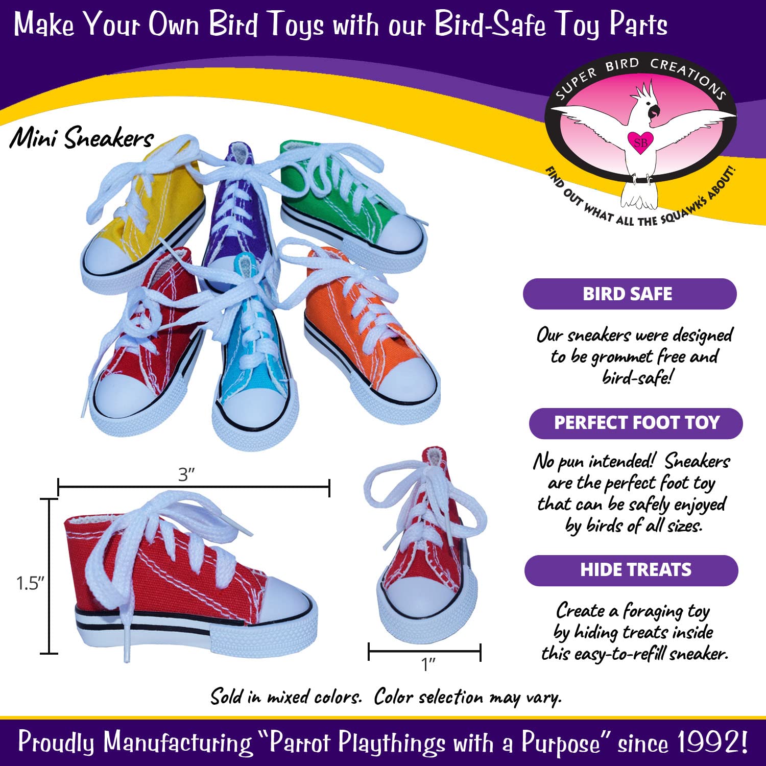 Super Bird Creations SB50010 Sneaker Bird Toy - Durable Safe Chew Toy - Ideal for Cockatiels Parakeets Parrots Small to Large Birds - Vibrant, Assorted Colors 3" x1-1/2 x 1-3/8" (12 Pack)