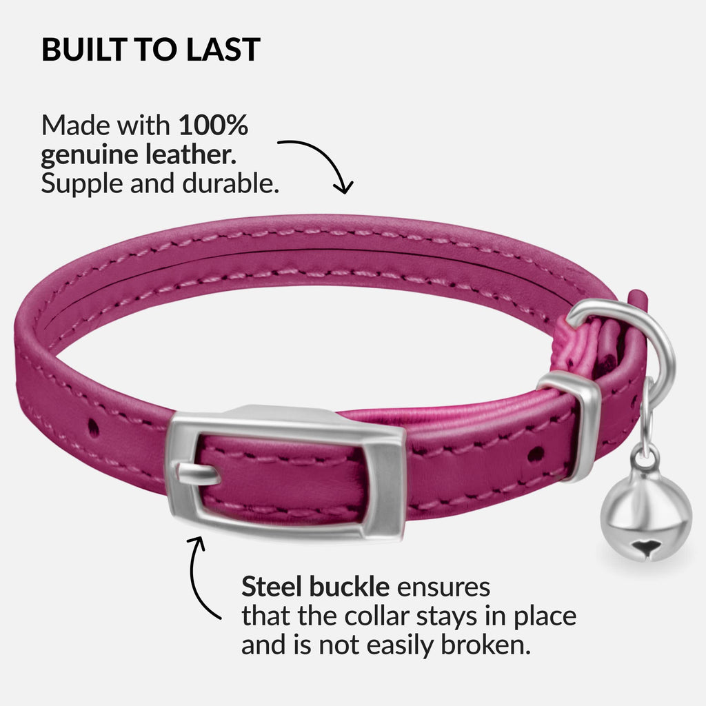 Soft Leather Cat Collar with Safety Elastic Strap - Pink