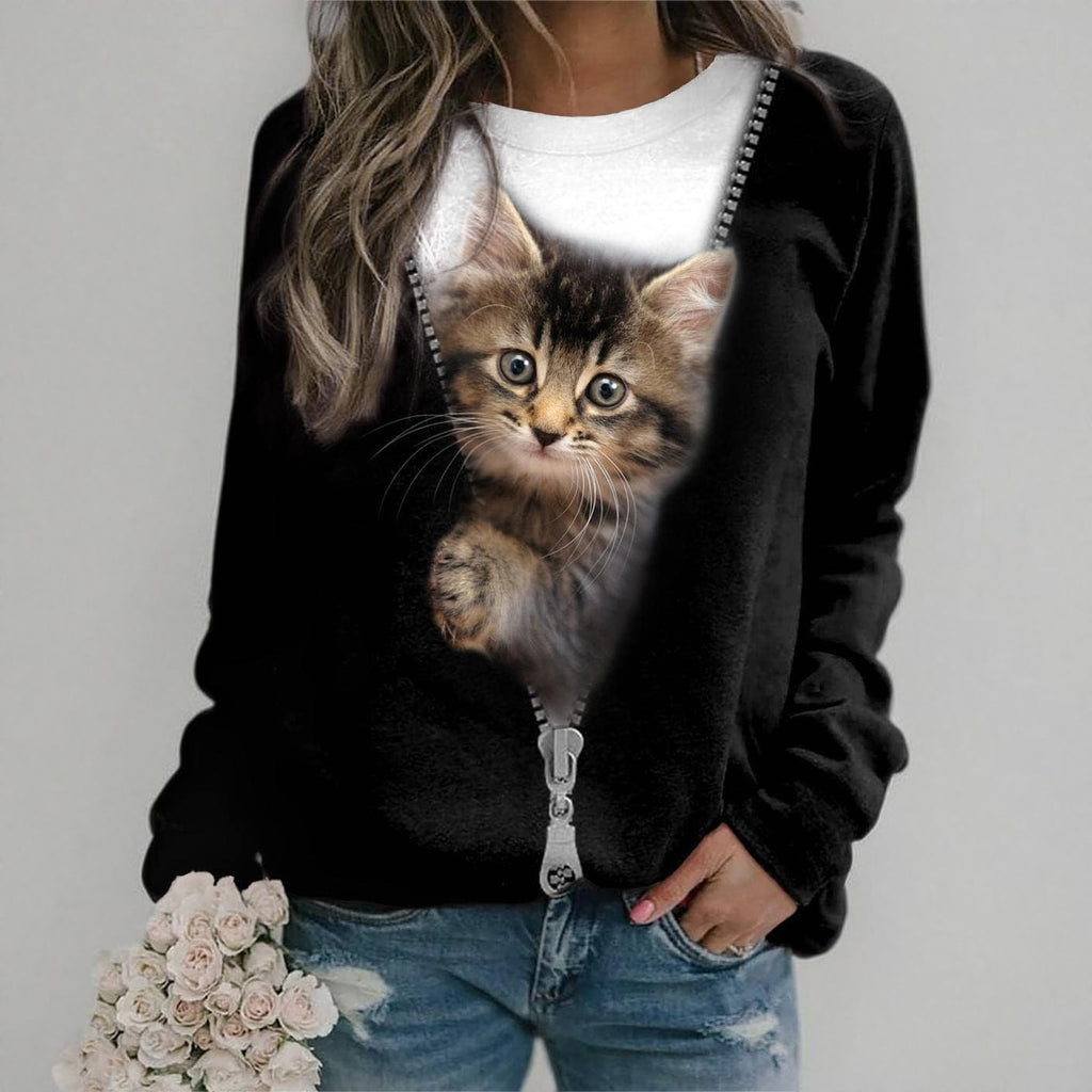 ShallWe Women's Active Sweatshirts Cute Cat Pullover Crewneck Lightweight shirts Novelty Casual Tunics Tops Spring Black Large