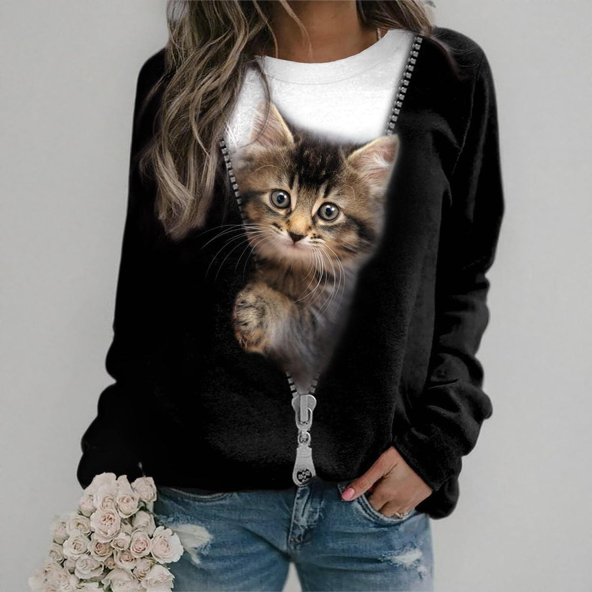 ShallWe Women's Active Sweatshirts Cute Cat Pullover Crewneck Lightweight shirts Novelty Casual Tunics Tops Spring Black Large