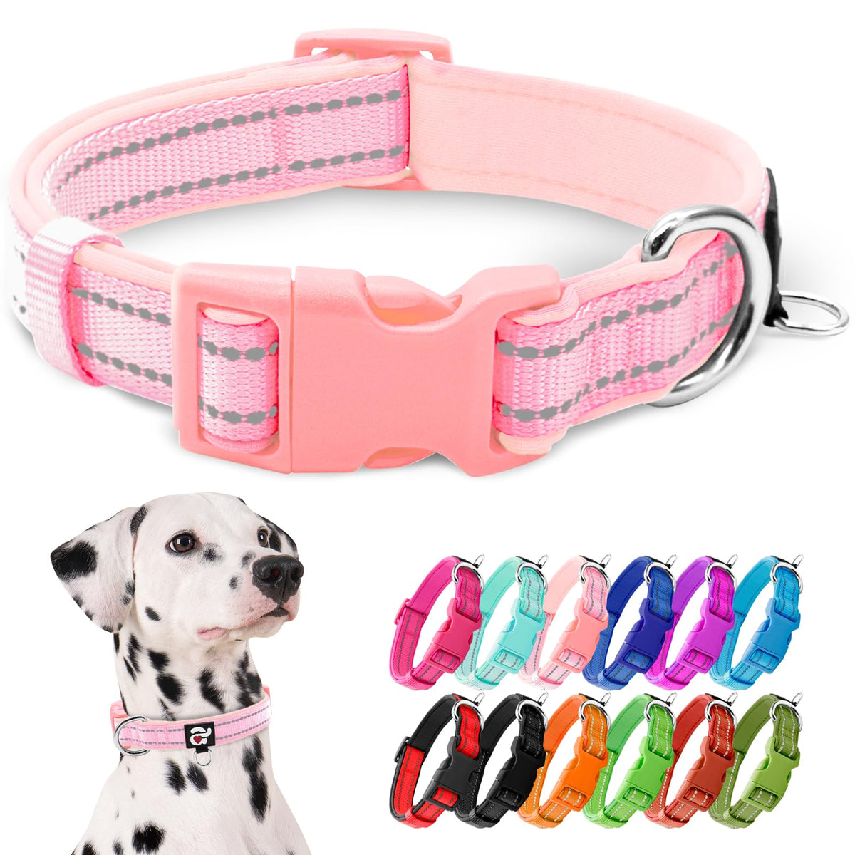 azuza Reflective Dog Collar, Neoprene Padded Puppy Collar, Hot Pink, XS