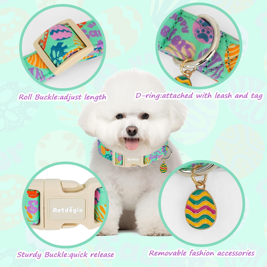 Astdogio Easter Dog Collar for Large Dogs, Adjustable Green Large Dog Collar with Colorful Eggs Pattern, Cute Easter Dog Collars Girl Boy Collar for Dogs -L
