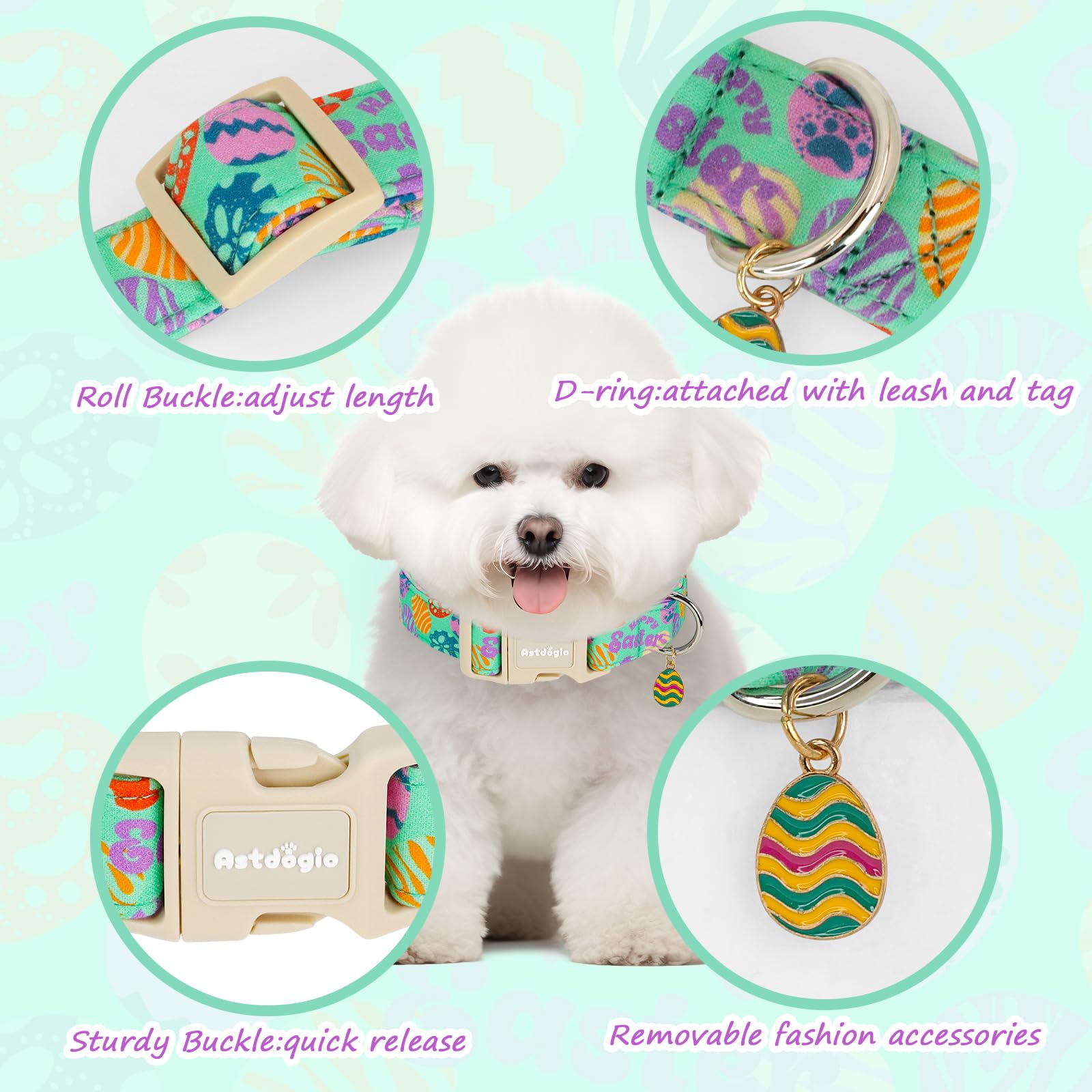 Astdogio Easter Dog Collar for Large Dogs, Adjustable Green Large Dog Collar with Colorful Eggs Pattern, Cute Easter Dog Collars Girl Boy Collar for Dogs -L