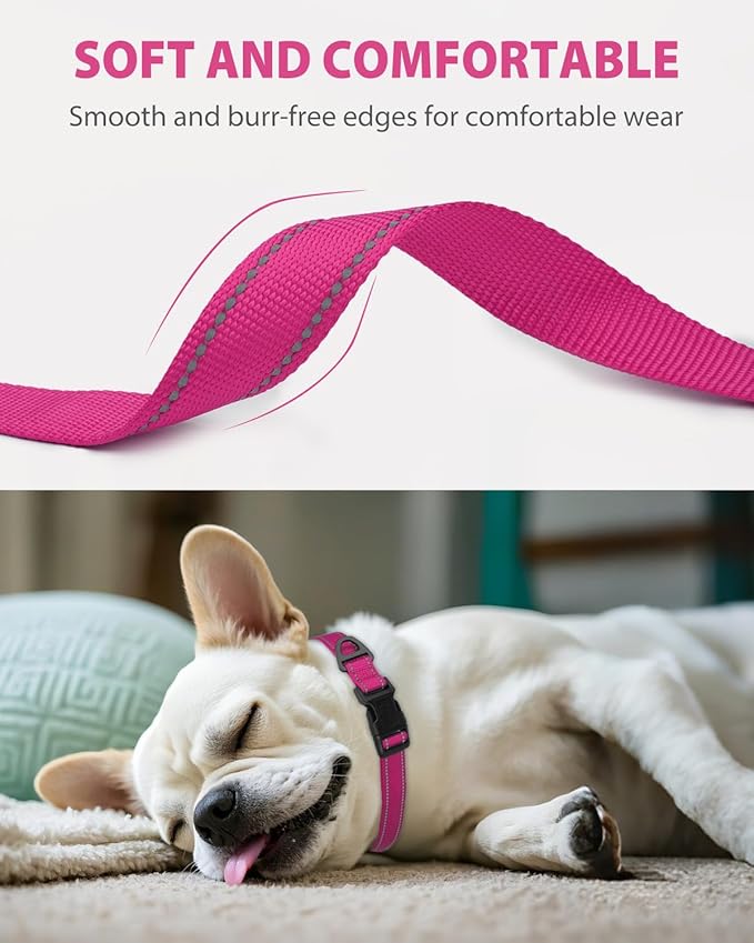 Joytale Small Dog Collar, Durable Double-Sided Reflective Nylon Collar for Night Safety, Adjustable Quick-Release for Active Breeds, Hotpink, S (3/4" Width)