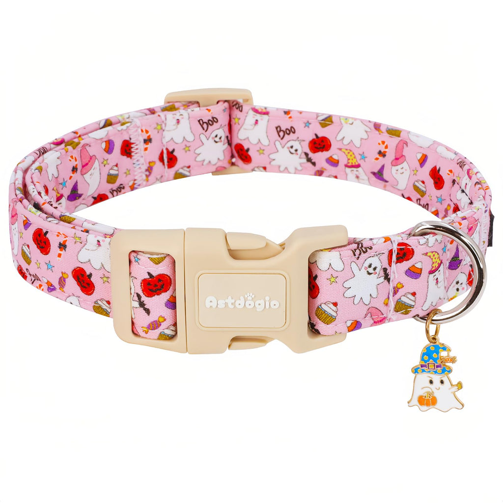 Astdogio Halloween Dog Collar, Fall Dog Collars for Large Dogs, Cute Pink Puppy Collar with Adorable Ghost & Pumpkin Design, Soft Cotton Large Dog Collars Girl Boy Dog Collar-L