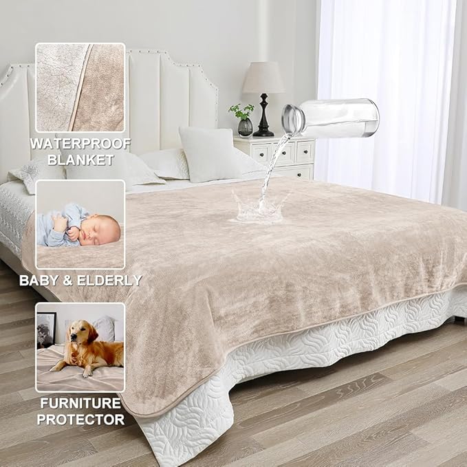 Yarelinza Waterproof Bed Blanket - Reversible Sherpa Throw with Leak-Resistant TPU Layer - 80x60 Stain Resistant, Machine Washable Bed Protector for Couch, Bed & Pets
