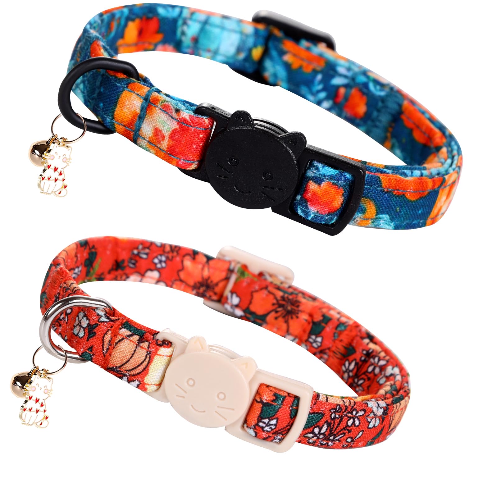 Elegant little tail Halloween Cat Collar-2 Pack Pumpkin Print Fall Cotton Breakaway Cat Collars with Bell Pendant Kitten Boy Girl Safety Adjustable Collar for Small Cats Puppy