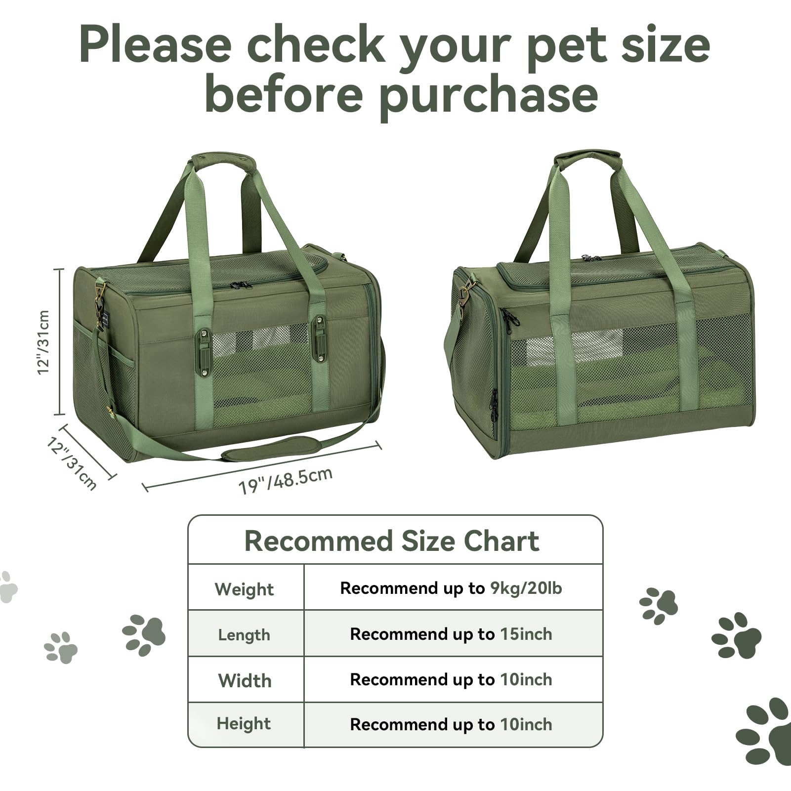 Petsfit 19x12x12 Pet Carrier for Large Cats (up to 20 lbs), Soft-Sided Small Dog Travel Carrier, Upgraded with Patented Buckle and Soft Padding, Ideal for Car Road Trips Green