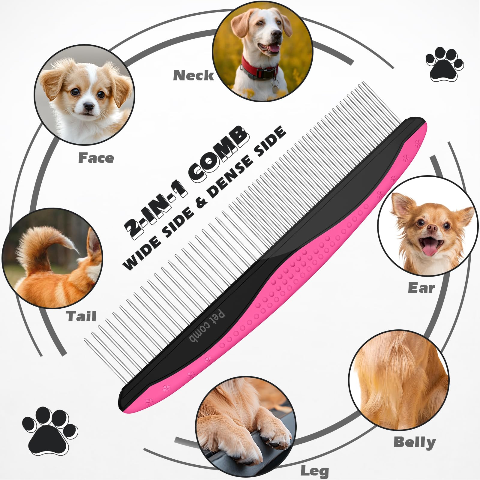 3PCS Pet Grooming Rake & Metal Comb & Flea Comb for Cats and Dogs, Double-Sided Dematting Tool, Extra-Wide Deshedding Dog Brush for Long Hair to Effectively Remove Tangles, Knots and Mats (Pink)