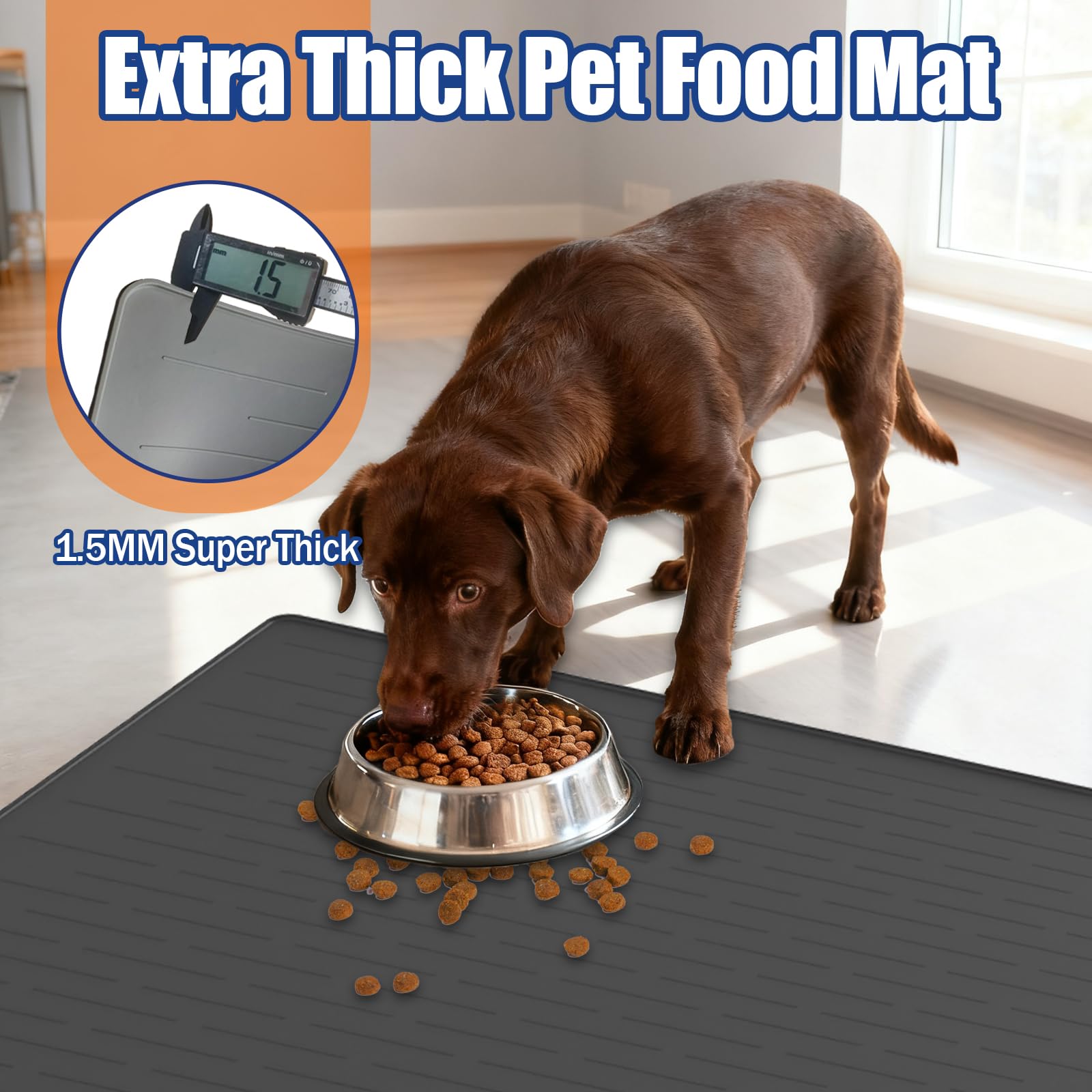 48"x32" Extra Large Pet Food Mat, 1.5MM Super Thick Silicone Dog Mats for Food and Water, XXXL Nonslip Pet Feeding Mats for Floors,Dog Cat Bowl Mat with Raised Edges, Brown