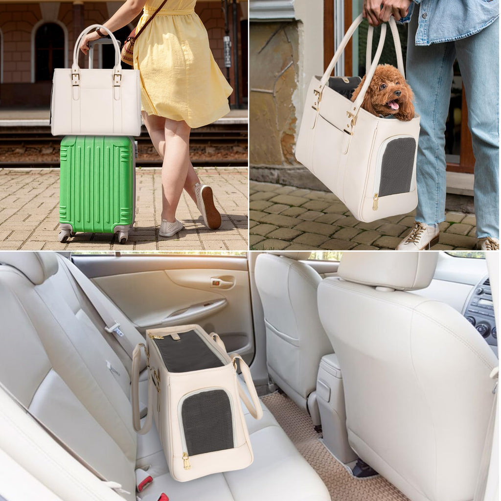 Fashion Pet Carrier Dog Purse Cat Bag Soft-Sided Carriers Travel Airline Approved, Stylish Leather Tote Handbag for Small Animal Puppy Kitten (White)
