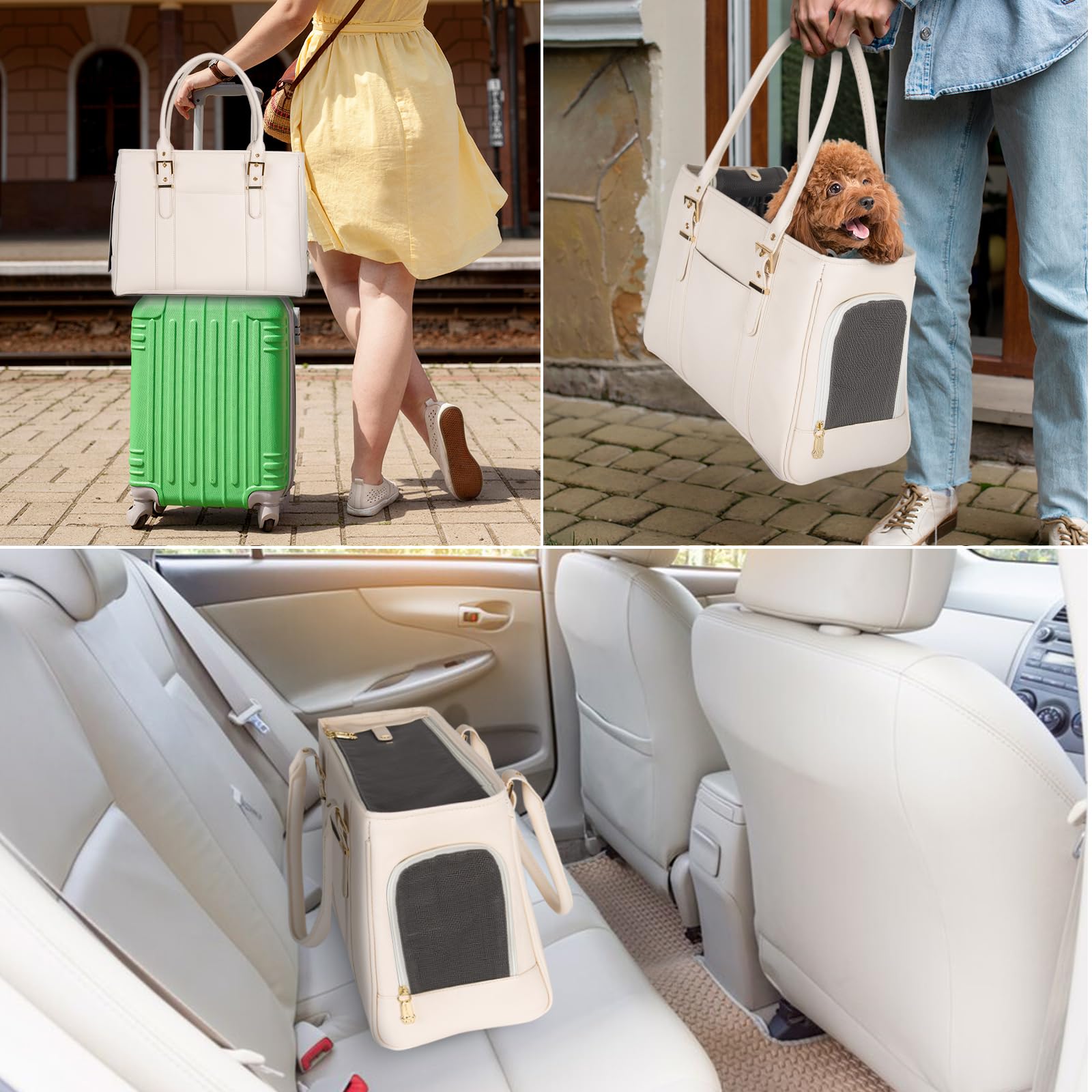 Fashion Pet Carrier Dog Purse Cat Bag Soft-Sided Carriers Travel Airline Approved, Stylish Leather Tote Handbag for Small Animal Puppy Kitten (White)