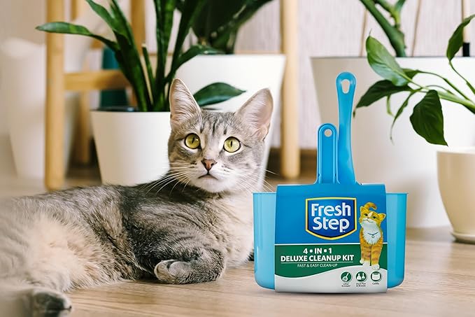 Fresh Step 4 in 1 Deluxe Cat Litter Cleanup Kit - Kitty Litter Cleaning Supplies Includes Cat Scoop, Dust Pan, Broom, and Caddy for Easy Clean Up