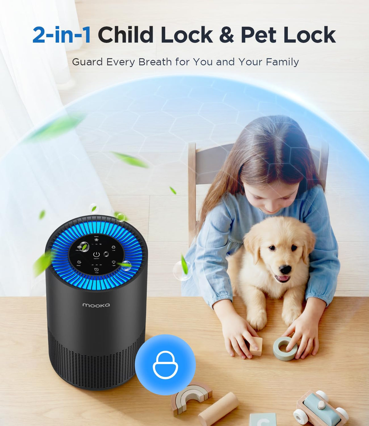 MOOKA H13 HEPA Air Purifier for Home Pet Large Room Up to 1300ft², Black
