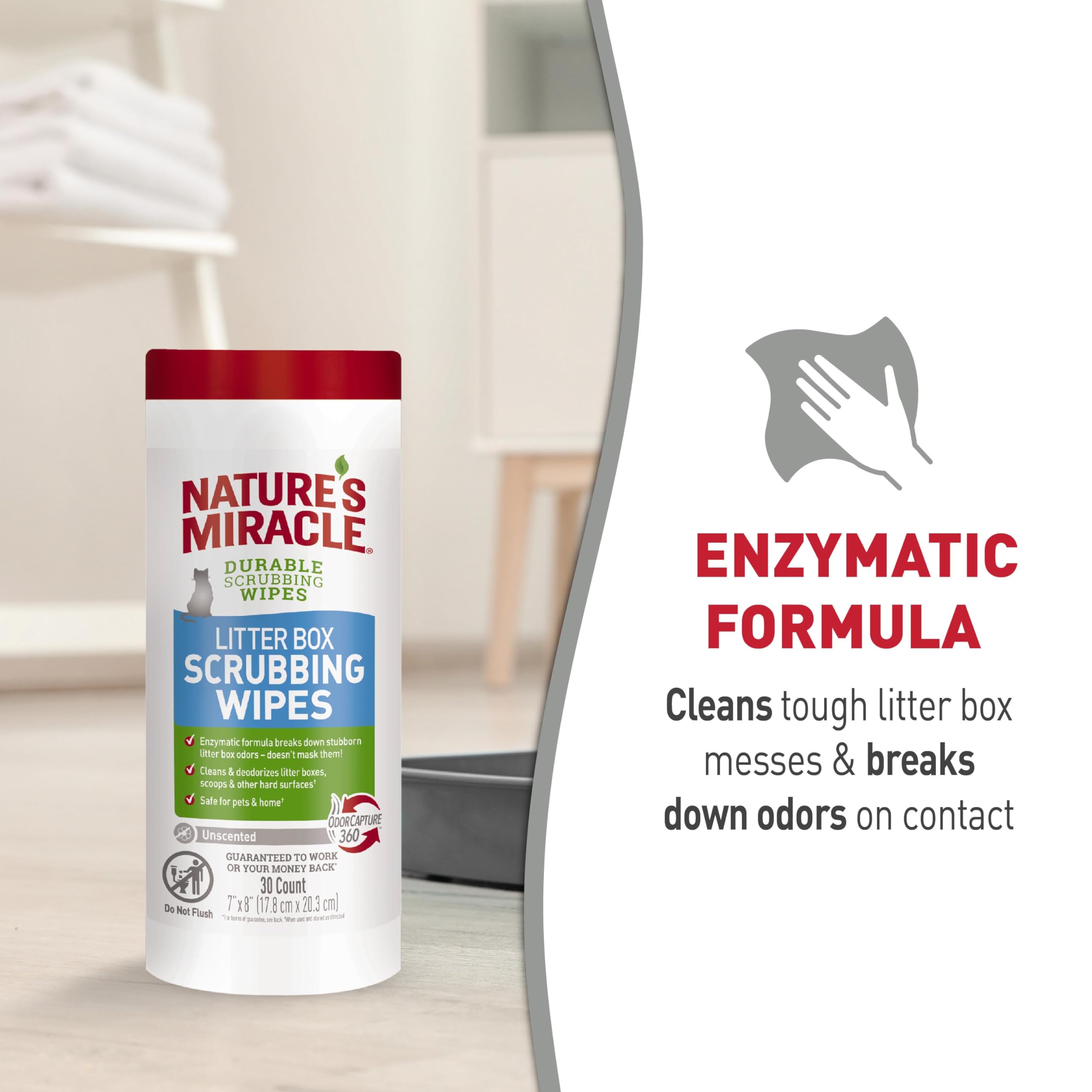 Nature's Miracle Cat Litter Box Scrubbing Wipes, Enzymatic Formula, 30 Ct