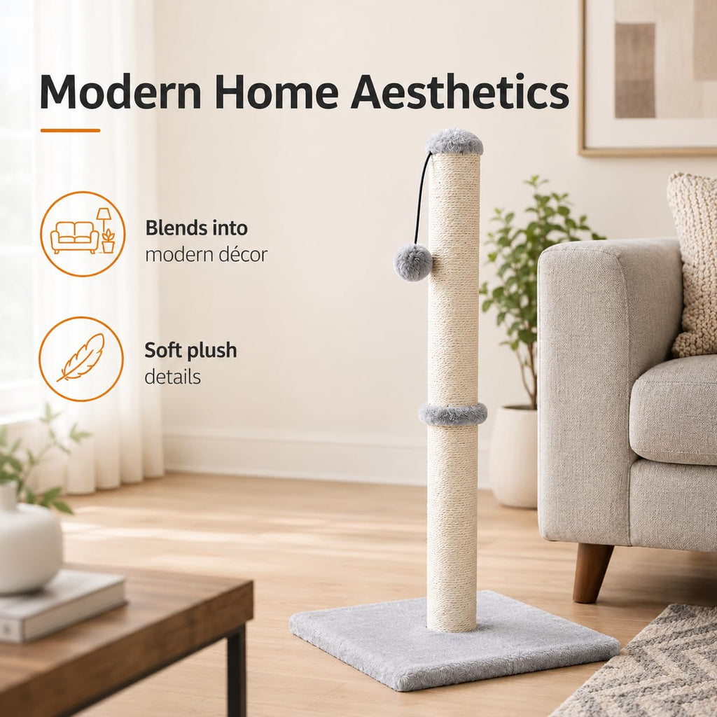 Dimaka 29" Height Tall Cat Scratching Post, Claw Scratcher with Sisal Rope and Covered with Soft Smooth Plush, Vertical Scratch [Full Strectch] for Standard Size Cats(Grey, 29 inches for All Cats)