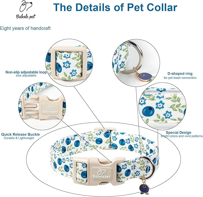 Babole Pet Spring/Summer Dog Collar for Large Dogs - Fresh Blueberry Girl Boy Dog Collars, Soft Lightweight Puppy Collar, Breathable Adjustable Male Female Fruit Floral Dogs Collars XL