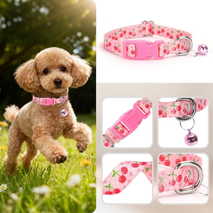 XS Dog Collar with Bell - Durable Nylon Collar for Small Breeds, Adjustable Cute Fruit Pattern Collar for Chihuahua Pomeranian Yorkie, Heavy-Duty for Active Puppies（Cherry XS）