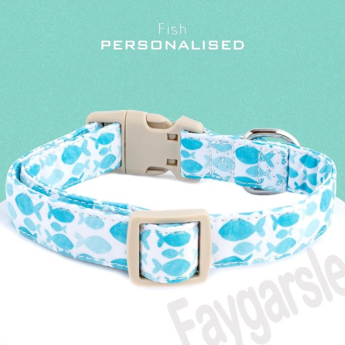Faygarsle Fish Pattern Dog Collar, Blue and White, Summer Design for Small Medium Large Dogs, XS