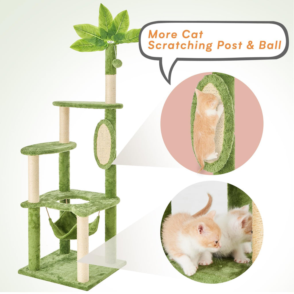 TSCOMON Cat Tree for Indoor Cats, 55 Inch Cat Tower with Rotating Scratching Board, 4 Sisal Posts & Leaf Top Design, Modern Cat Furniture for Multiple Cats (No House), Green
