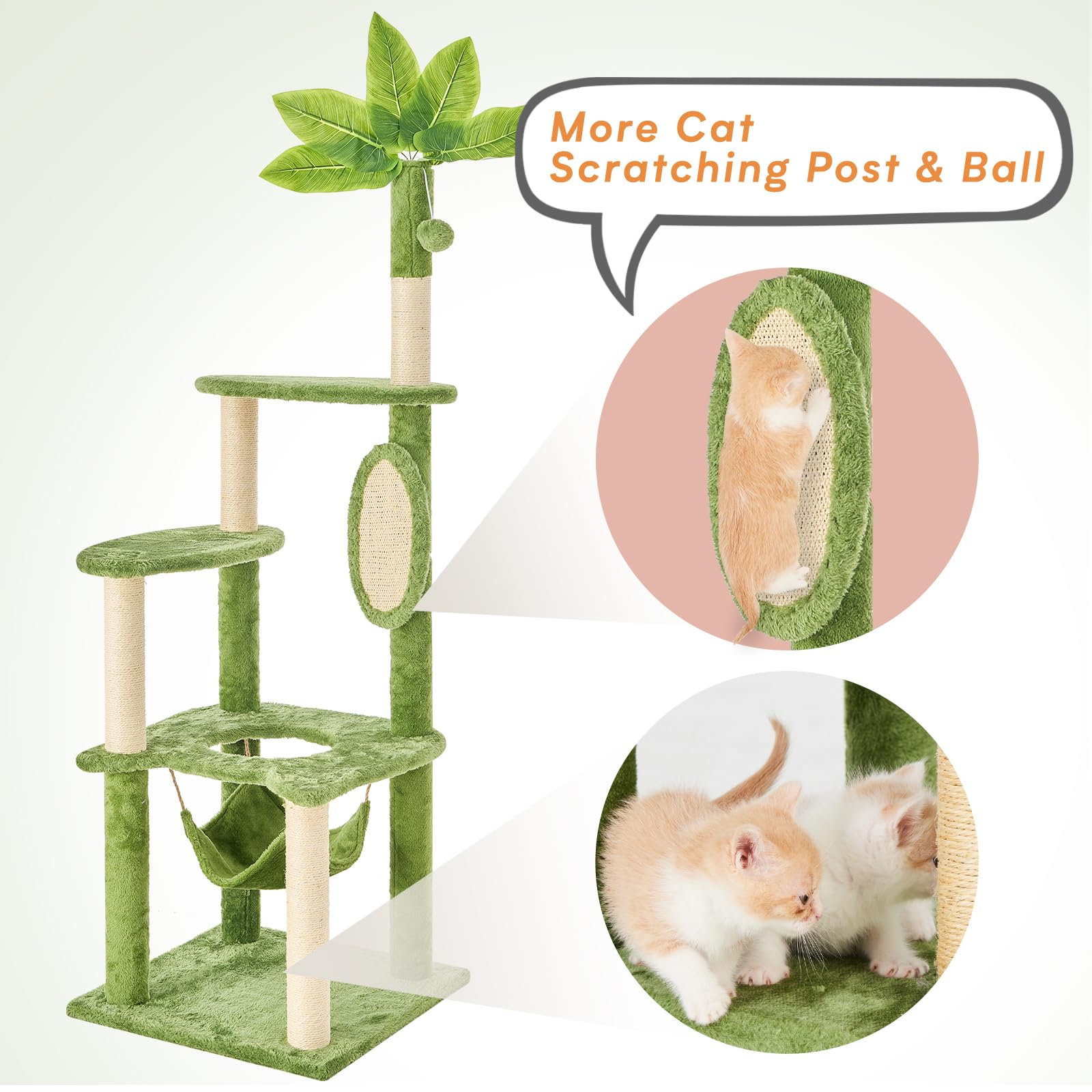 TSCOMON Cat Tree for Indoor Cats, 55 Inch Cat Tower with Rotating Scratching Board, 4 Sisal Posts & Leaf Top Design, Modern Cat Furniture for Multiple Cats (No House), Green