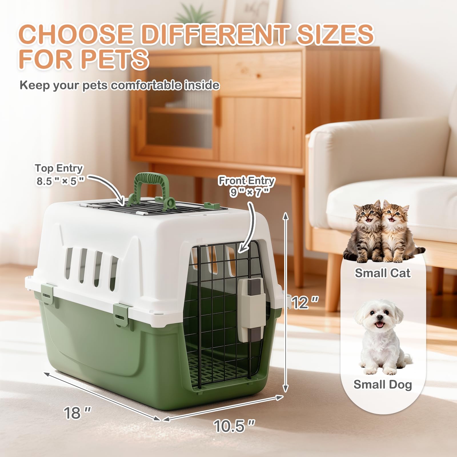 MoNiBloom 18-Inch 2-Door Top Loading Cat Carrier, Plastic Dog Crate Hard-Sided Dog Travel Carrier for Small Dogs and Cats, Ventilation and Security Lock Design for Pets up to 10 lbs (Green)