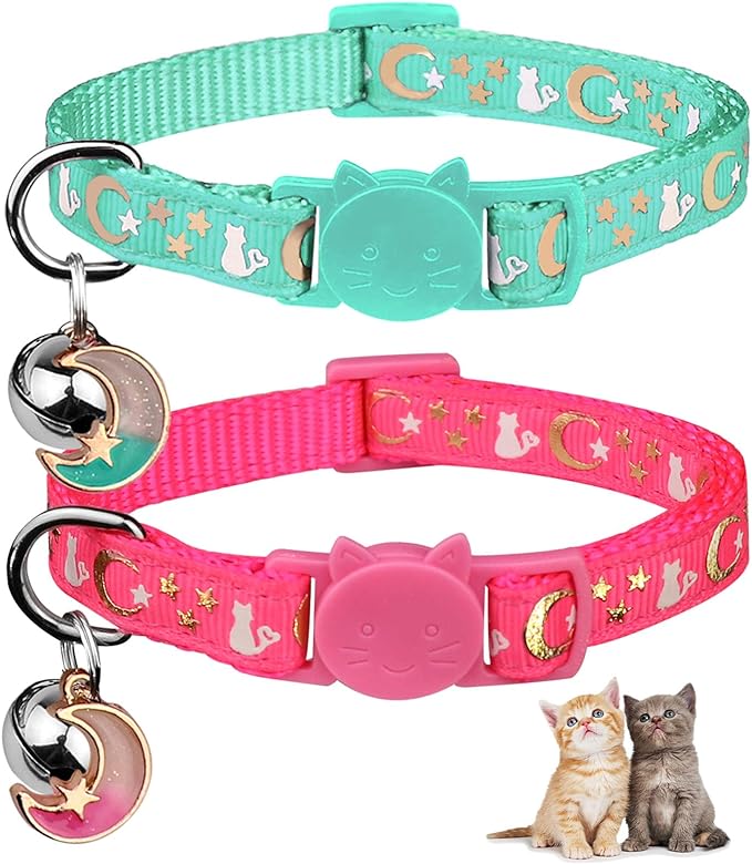 Baeuppit 2PCS Breakaway Cat Collars with Bell Cute Kitty Glow in The Dark Adjustable Kitten Collars 7.9-13.0 Inch(Teal&Purple)