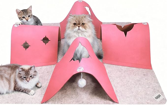 4-Way Cat Tunnel for Indoor Cats, Interactive Toy with Plush Ball