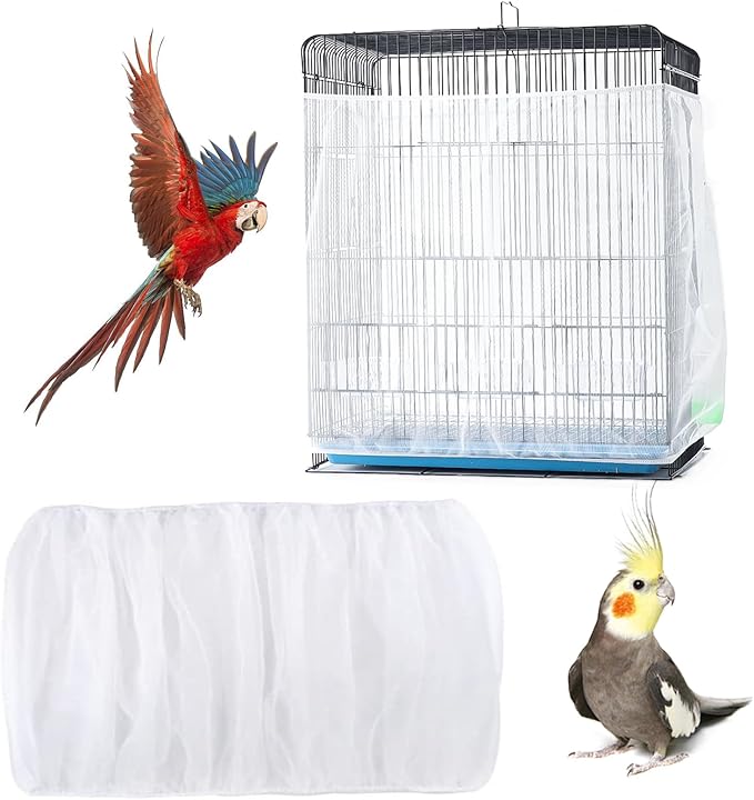 Bird Cage Seed Catcher - Adjustable Netting Cover Guard Skirt for Parrot Parakeet Macaw Round Square Cages - Black