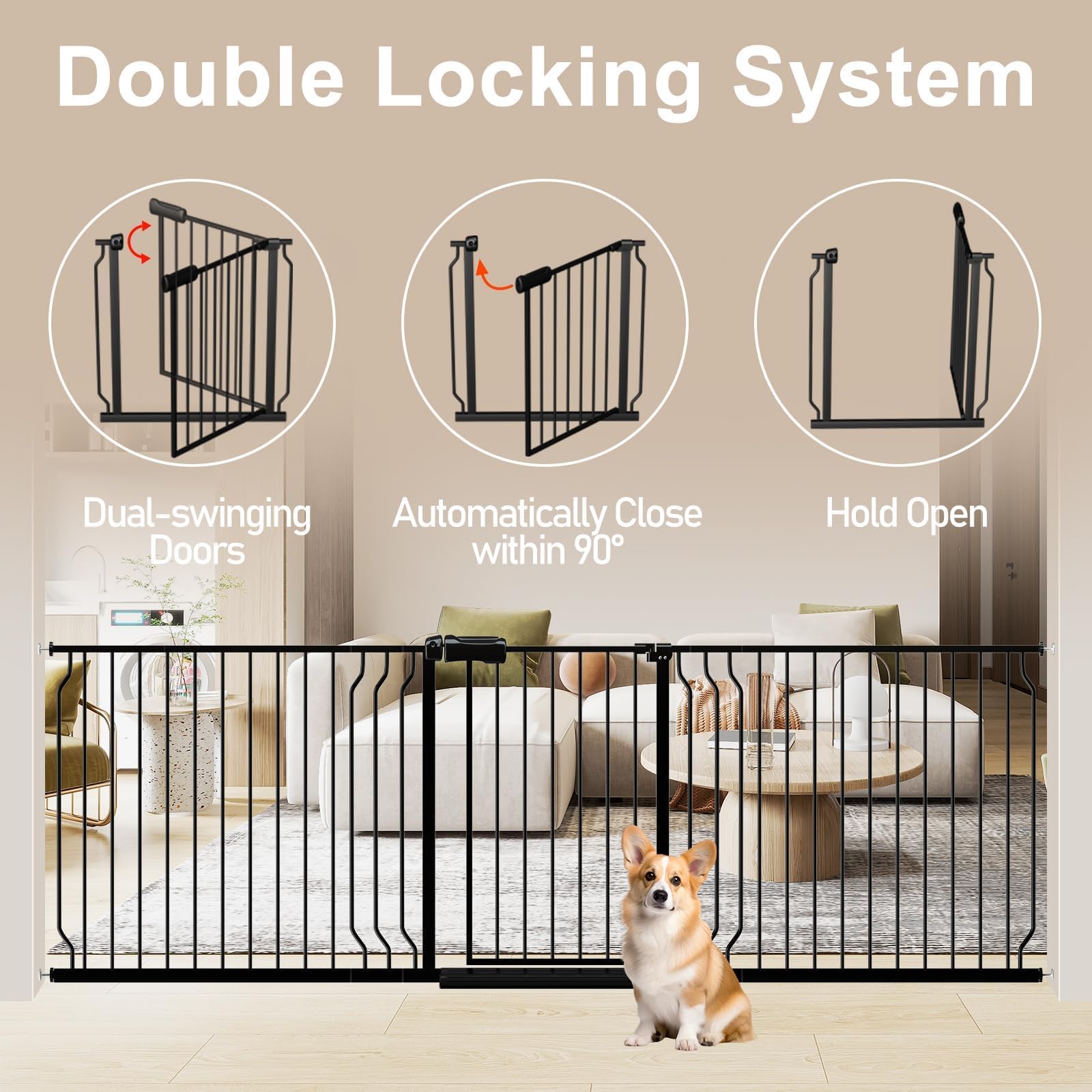 WAOWAO 52.76-62.2" Extra Wide Baby Gate Pressure Mounted 30" Tall Black