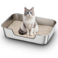Qiuma Stainless Steel Cat Litter Box with Low Entry, Metal Kitty Litter Box for Senior or Injured Cats, Odor-Free, Non-Stick, Easy to Clean, 17.5"x13.6"x5.9", Litter Pan for Medium and Small Cats