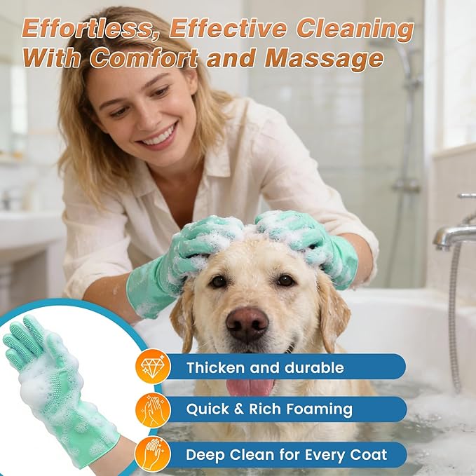 MIYIJHY 7PCS Dog Washing Gloves | Dog Bath Brush | Storage Bag | Dog Finger Toothbrush for Short & Long Haired Dogs & Cats | Efficient Deshedding Bathing & Massaging, Suitable for Pets (Sage Green)
