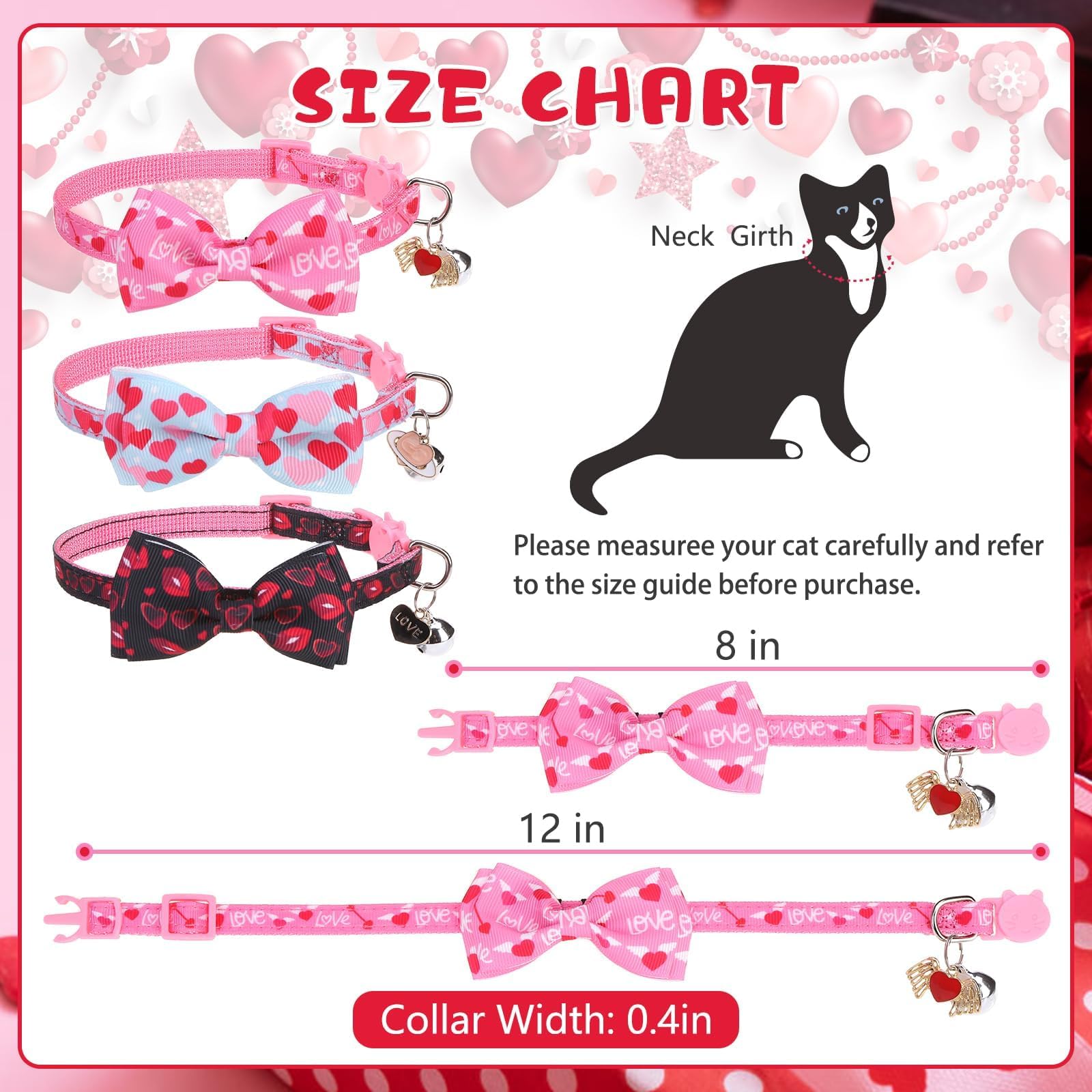 KOOLTAIL Pink Cute Cat Collars Breakaway with Bowtie and Bells, 3 Pack Girl Kitten Collars, Adjustable Safety Buckle Heart Charm Pendant Pet Collars for Kitty Boys Girls Cats Holiday