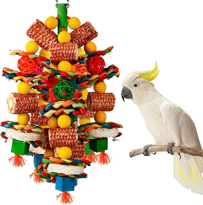 Bird Toys - Natural Corn Cob and Loofah Slices for Large Parrots, Like African Grey, Macaws, Cockatoos and Parrot - Wooden
