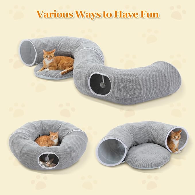 PEQULTI Grey Donut Cat Tunnel Bed Washable Plush Mat Multi for Small Pets