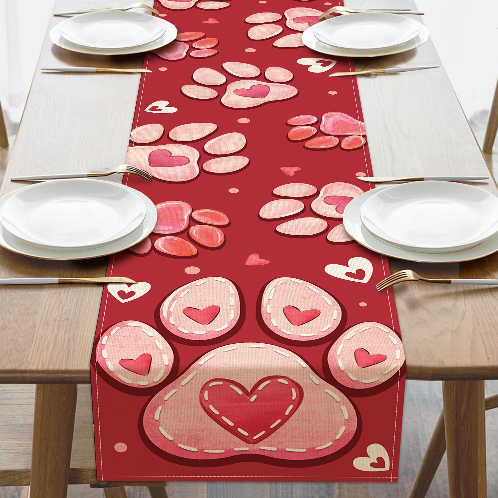 Croar Valentines Day Dog Cat Paw Prints Table Runner, Red Love Hearts