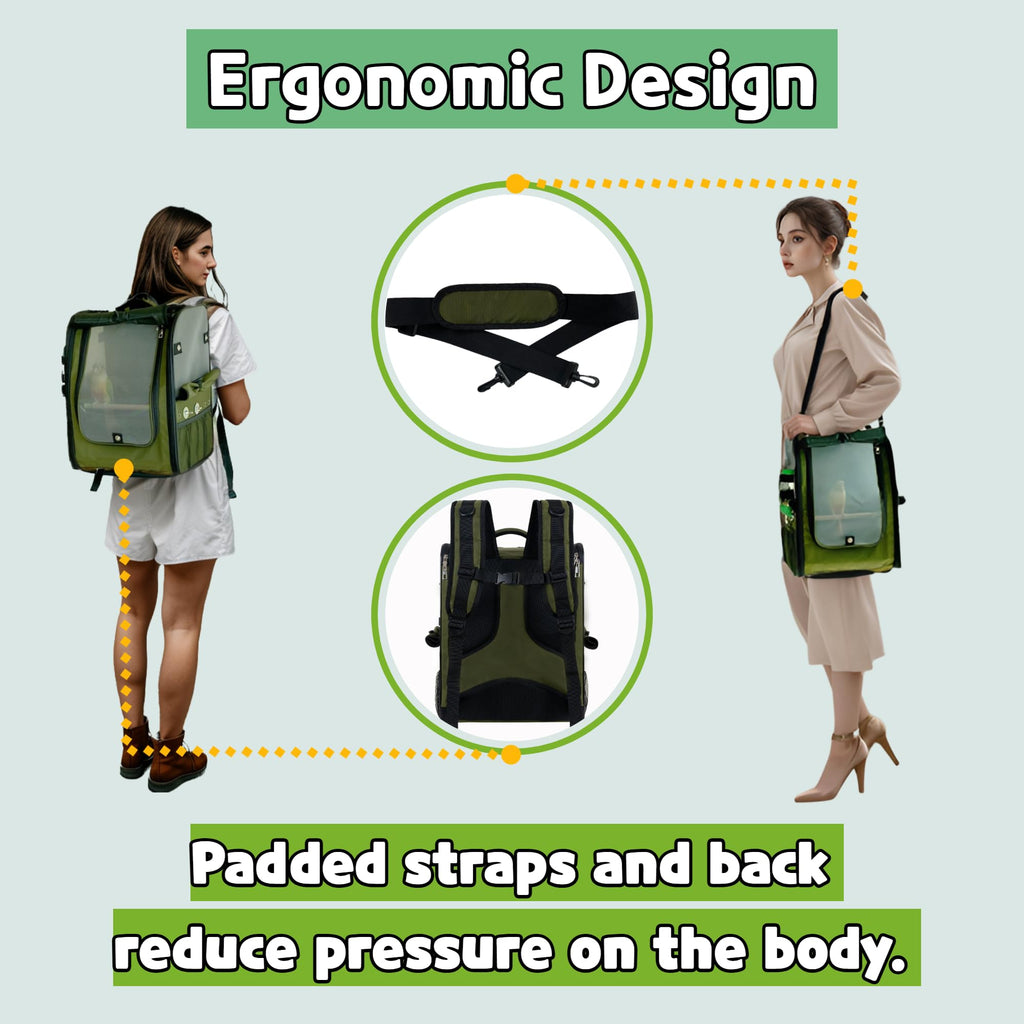 Birds Day Bird Carrier Backpack - Breathable Mesh Portable Parrot Travel Cage with 2PCS Perch, Food Bowl, and Stainless Steel Tray (Charcoal Gray)