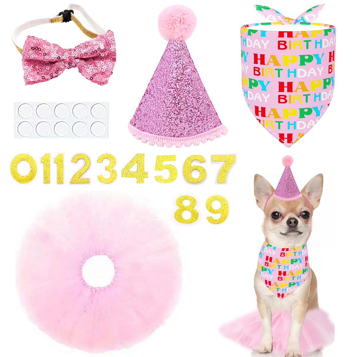PET SHOW Pink Crown Hat Dog Birthday Party Supplies for Girls Female Pets Small Medium Large Dogs Cats Birthday Hat and Plaid Bandana with 0-9 Numbers and Glue