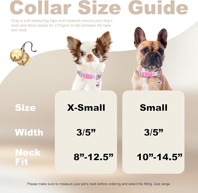 XS Dog Collar with Bell - Durable Nylon Collar for Small Breeds, Adjustable Flower Pattern Collar for Chihuahua Pomeranian Yorkie, Heavy-Duty for Active Puppies（XS）