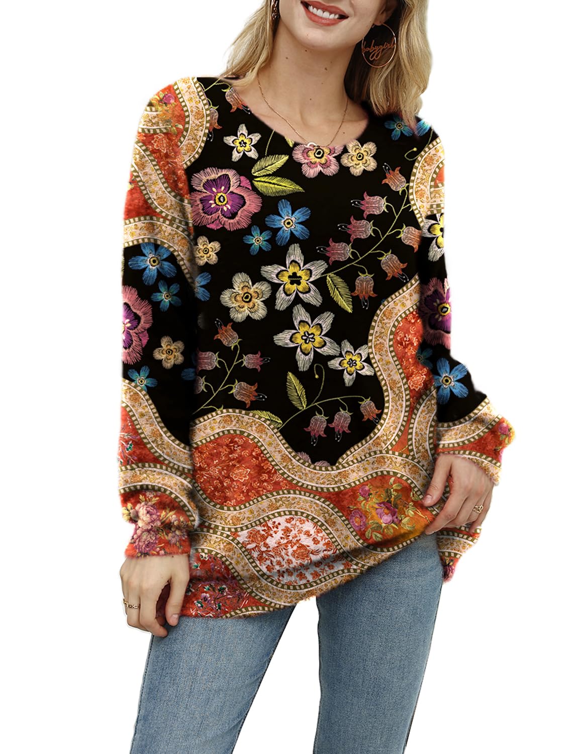 YESNO Women Sweater Graphic Oversized Pullover Sweaters Casual Loose Long Sleeve Knit Tops 2XL S01 CR174