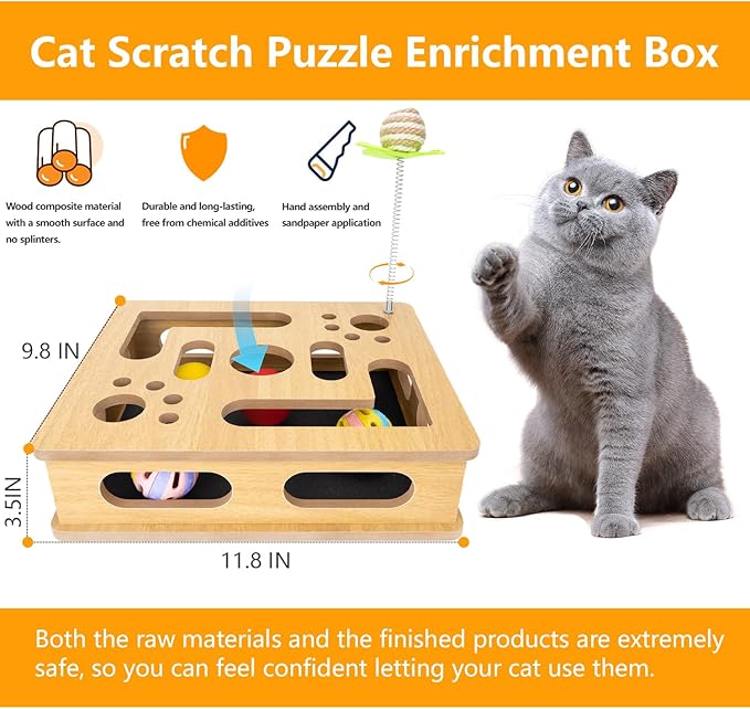 MUCAOL Cat Scratch Puzzle Enrichment Box,Clawcraft Wooden Cat Scratcher,No Assembly Required,Built-in Sandpaper Trims Your pet's Claws as They Play(Burlywood Color)