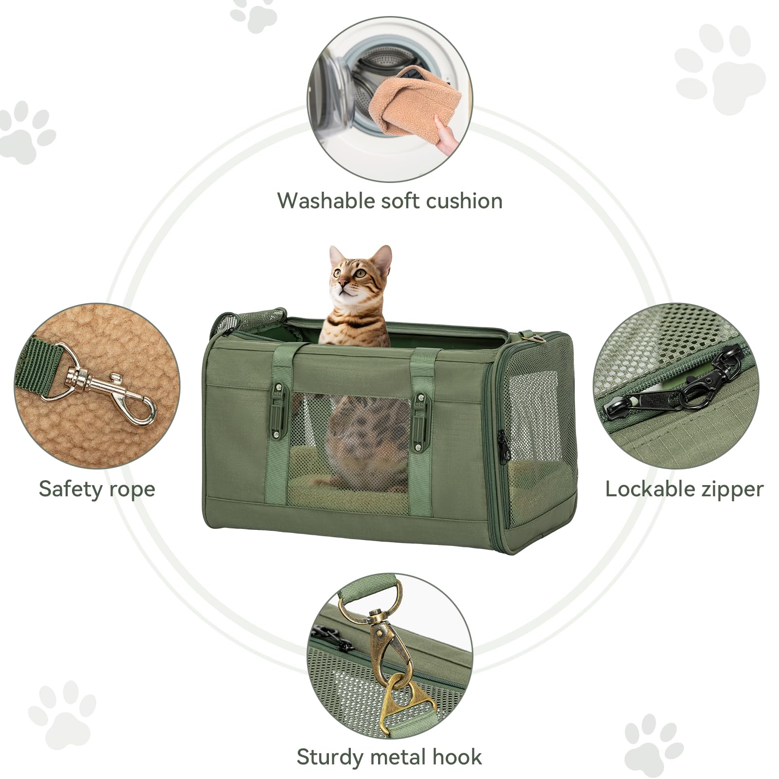 Petsfit 19x12x12 Pet Carrier for Large Cats (up to 20 lbs), Soft-Sided Small Dog Travel Carrier, Upgraded with Patented Buckle and Soft Padding, Ideal for Car Road Trips Green