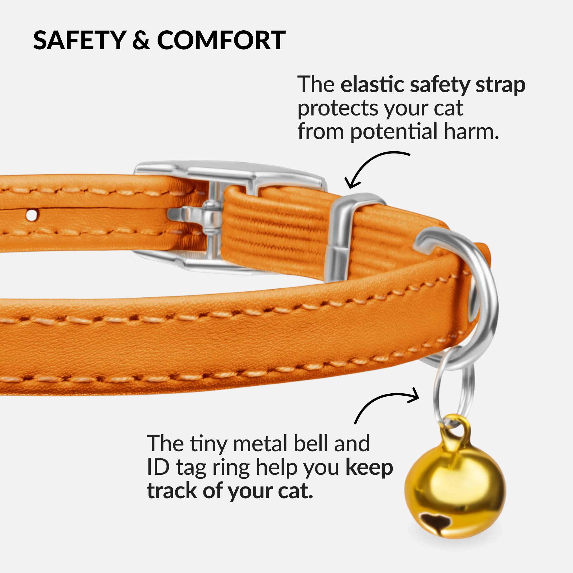 Soft Leather Cat Collar with Safety Elastic Strap - Orange