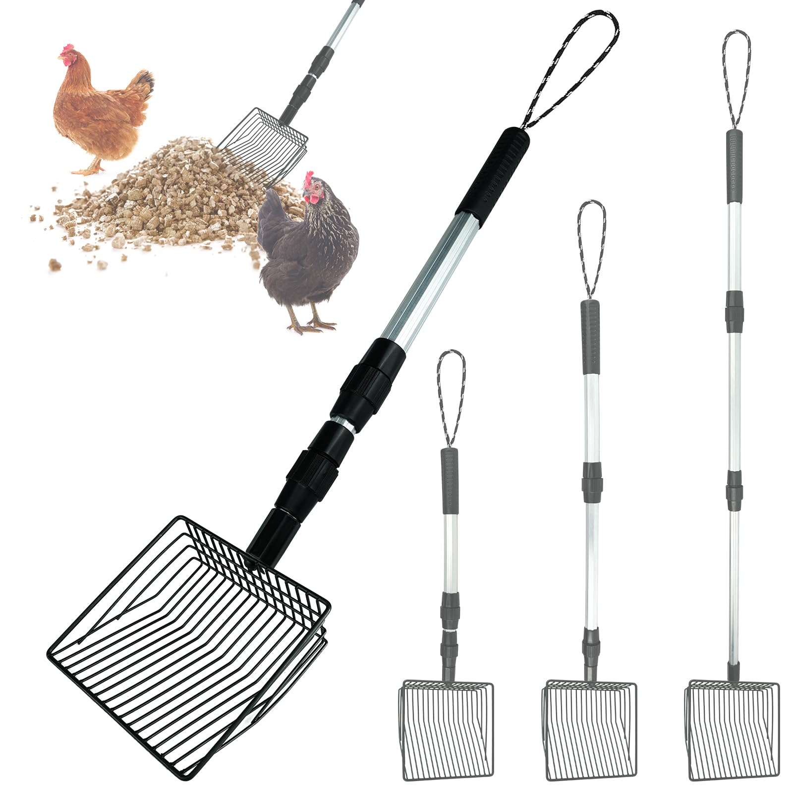 Chicken Poop Scooper 3 in 1 Adjustable Long Handle Litter Metal Scoop Heavy Duty Metal Chicken Poop Scooper Litter Sieving Shovel, Chicken Coop Accessories (22-41.7")