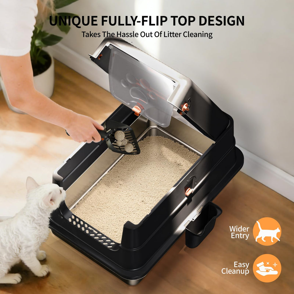 Stainless Steel Cat Litter Box with Lid, Small Enclosed Metal Litter Pan